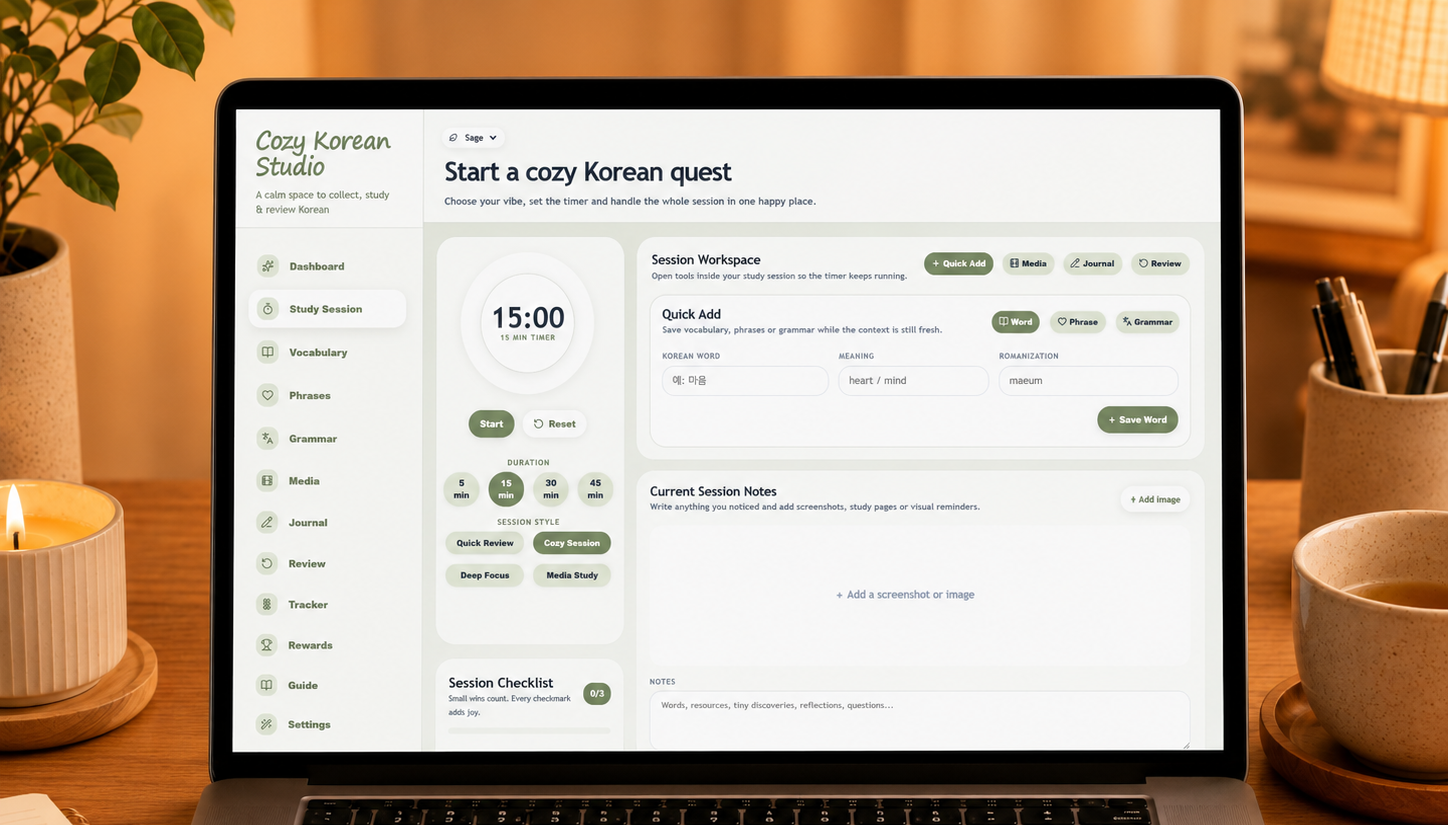 Offline Korean Study Web App for vocabulary, phrases, grammar, review, and K-media notes